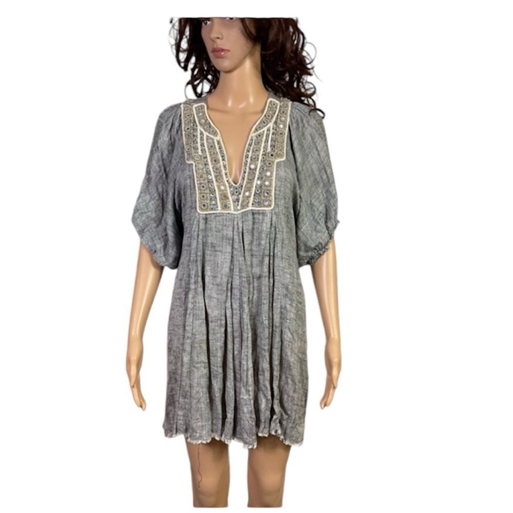 Muche Et Muchette Y2K Boho Gray Fish Bone Jeweled Neck Tunic Mini Dress One Size